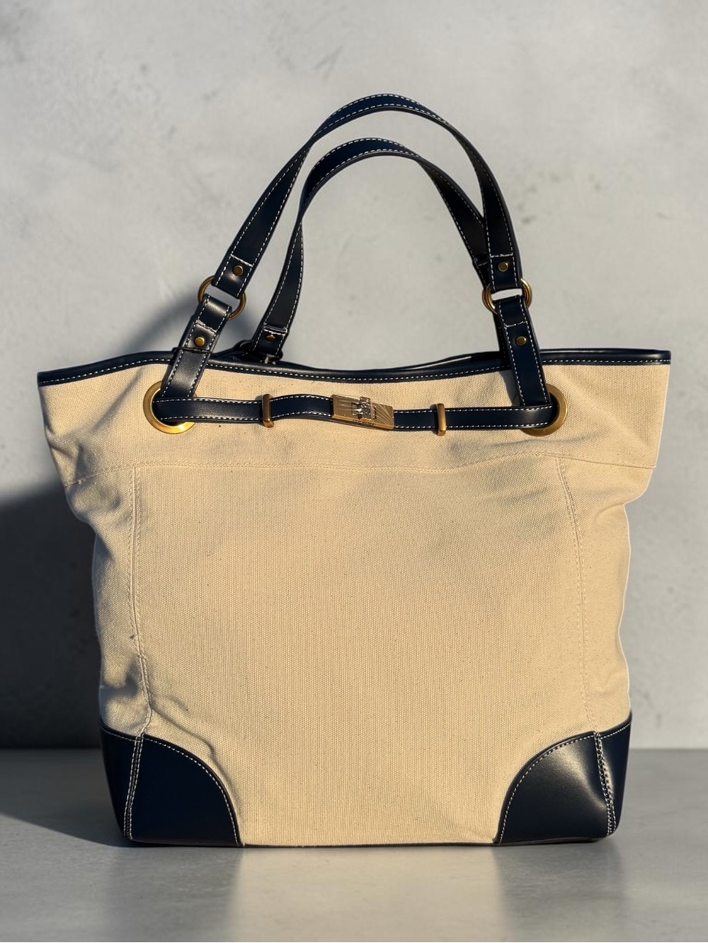 Steve Madden Cream Canvas Tote with Navy Trim